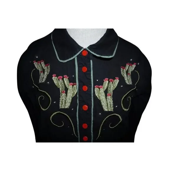 Collectif London Western Cactus Embroidered Shirt Black Red Buttons Size S UK 10 - Picture 6 of 12